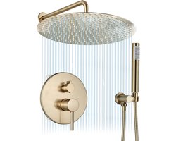 Inbouwdoucheset geborsteld goud 30 cm*30 cm Douchesysteem 2 functies douchemengkraan met ultradunne ronde messing douchekop Inbouwdoucheset Plafond