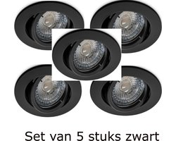 Inbouwspot Led 220Volt kantelbaar met GU 10 fitting. Kleur zwart. Ledspot is vervangbaar. Cool wit. 4000K. IP20. Dimbaar. GU10 fitting. 365 Lm. 230V. Boormaat 71-76mm. Set van 5. Op deze inbouwspot met ledlamp heeft u 5 jaar garantie