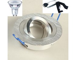 Inbouwspot Led 220Volt kantelbaar. Rond. Kleur geborsteld chroom. LED lamp dimbaar 5W. Cool wit. Lichtkleur 840. 4000K. IP20. Dimbaar. GU10 fitting. 365 Lm. 230V. Boormaat 71-76mm. Buitenmaat 92mm. Set van 5 stuk(s).