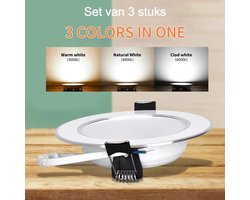Inbouwspot led met chromen rand - Set van 3 stuks rond inbouwpaneel - 9W - instelbaar in 3 lichtkleuren door bediening van bestaande schakelaar. Kleuren warm wit, neutraal wit en koud wit. Buitenmaat 95 mm Boormaat 60 - 68mm. Hoogte 30 mm.