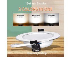 Inbouwspot led met chromen rand - Set van 6 stuks rond inbouwpaneel - 9W - instelbaar in 3 lichtkleuren door bediening van bestaande schakelaar. Kleuren warm wit, neutraal wit en koud wit. Buitenmaat 95 mm Boormaat 60 - 68mm. Hoogte 30 mm.