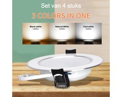 Inbouwspot met chromen rand - Set van 4 stuks rond inbouwpaneel - 5W - instelbaar in 3 lichtkleuren door bediening van bestaande schakelaar. Instelbare kleuren warm wit, neutraal wit en koud wit. Buitenmaat 80 mm Boormaat 50 - 55mm.