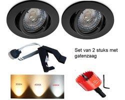Inbouwspots set van 2 stuks zwart met ledlamp 230 Volt en gatenzaag - Led inbouwspot verstelbaar met dimbare ledlamp kleur 4000K - 230Volt inbouwspot met GU10 ledlamp 4000K. Op deze inbouwspot met ledlamp heeft u 5 jaar garantie.