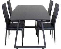 IncaBLBL eethoek eetkamertafel uitschuifbare tafel lengte cm 160 / 200 zwart en 4 Slim High Back eetkamerstal PU kunstleer zwart.