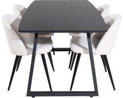 IncaBLBL eethoek eetkamertafel uitschuifbare tafel lengte cm 160 / 200 zwart en 4 Velvet eetkamerstal velours beige, zwart.