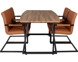 IncaNABL eethoek eetkamertafel uitschuifbare tafel lengte cm 160 / 200 el hout decor en 4 Art eetkamerstal PU kunstleer bruin.