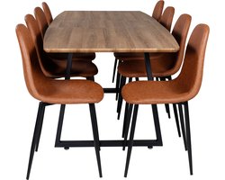 IncaNABL eethoek eetkamertafel uitschuifbare tafel lengte cm 160 / 200 el hout decor en 8 Polar eetkamerstal PU kunstleer bruin.