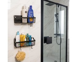 INDECOR 2-delige Doucheplank Zonder Boren – Zelfklevende Badkamer Organizer – Douche Rek met 4 Haken – Grote Capaciteit – ABS Kunststof – Zwart