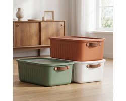 INDECOR-Opbergbox 10 Liter Set van 3 met Deksel – BPA-vrije Stapelbare Opbergdozen met Handgrepen – Opbergmanden voor Kleding, Speelgoed en Accessoires – Terracotta, Wit en Groen