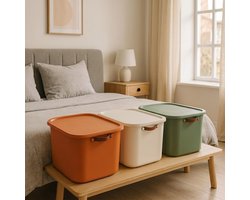 INDECOR-Opbergbox 20 Liter Set van 3 met Deksel – BPA-vrije Stapelbare Opbergdozen met Handgrepen – Opbergmanden voor Kleding, Speelgoed en Accessoires – Terracotta, Wit en Groen