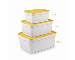 INDECOR Opbergboxen met Deksel Set van 3 – 7,5L, 14L en 24L – Kunststof Opbergdozen met Geel Deksel – Opbergbox voor Kleding, Sokken en Accessoires