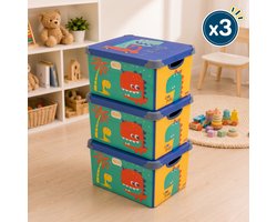 INDECOR Stapelbare Speelgoedbox met Handgrepen – 17 L Opbergbox Set van 3 met Deksel – Voor Lego, Bouwblokjes en Bouwstenen - Dinosaurusmotief