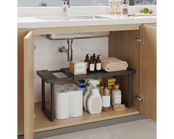 INDECOR Uitschuifbare Gootsteenkast Organizer 56–70 cm – Verstelbare Modulaire Kast Organizer – Opbergrek voor Keuken & Badkamer – Multifunctioneel Keuken Rek – Ruimtebesparende Organizer- Zwart