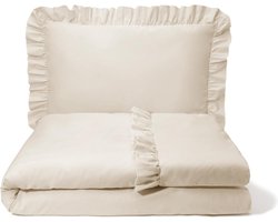 inderbeddengoed, 2-delig babybeddengoed, beddengoedset voor kinderen, beddengoed met ruches en ritssluiting, dekbedovertrek 100 x 135 cm en kussensloop 60 x 40 cm, lichtbeige