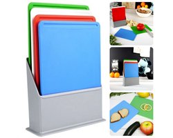 Index Snijplankenset Met Houder - Snijplank Set - Vaatwasserbestendige Snijplanken - Keuken Snijplankenset met 4 Snijplankjes - Groen, Wit, Rood, Blauw - Voorkom Kruisbesmetting - Afmeting 20.5x15cm