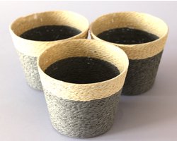 Indoor bloempot - set van 3 bloempotten - natuurlijke papieren touw bloemenmand met strepen - bloempot met plastic binnenbekleding - 13,5 cm x 11 cm