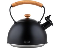 Inductie Fluitketel met Houten Handvat en Cool-Touch Theepot - 23 L, Roestvrijstalen - Nordic - Geschikt voor Gas en Elektrische kookplaat - Vintage Zwart - Keuken Glaskeramische kookplaat