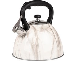 Inductieketel (3L), roestvrijstalen fluitketel, theeketel met zacht handvat, waterkoker voor inductiekookplaten, gasfornuizen en elektrische kookplaten, wit marmer