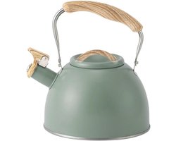 Inductieketel 3L RVS Theepot met Waarschuwingsfluit - Vintage Ontwerp - Houten Handvat - Voor Gasfornuis - BPA Vrij - Voor Thee en Koffie - Lichtgroen