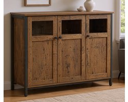 Industrial Glass Sideboard – Sideboard Kast met 3 Glazen Deuren en Verstelbare Planken – Vintagebruin en Zwart Multifunctioneel Opbergmeubel voor Woonkamer, Keuken en Eetkamer – 100 x 35 x 75 cm-Novihome