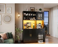 Industrial Home Elegance XL Zwarte Hoge Keukenkast 130x45x180 cm – Dressoir met Glazen Deuren, Kleurwisselende LED-Verlichting en Slimme Opbergruimte voor Robotstofzuiger – Multifunctionele Kast voor Keuken en Woonkamer