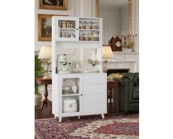 Industrial Home Luxe Keukenkast 180 cm – Moderne Buffetkast met Glazen Deuren, Werkblad & 4 Lades – Witte Vitrinekast Hoge Kast – MDF Hout – Voor Keuken, Eetkamer & Woonkamer – 80 x 40 x 180 cm