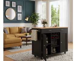 Industrial Home modern multifunctioneel keukeneiland met opbergruimte - 102 x 45 x 92 cm - Mobiele eetwagen en dressoir met houtnerf MDF tafelblad - Zwart - Keukenkast en dressoir voor thuisgebruik