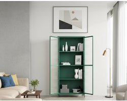 Industrial Home Säkylä Vitrinekast Dennengroen – 2 Deurs Stalen Opbergkast met 4 Legplanken – Industrieel Design – Voor Woonkamer, Eetkamer en Huiskamer – Robuuste Stalen Kast met Geribbelde Glazen Deuren – 180x80x35 cm