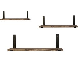 Industrial Living Boekenplank - Wandrek - Wandplank hout - Fotorek - Industrieel - Wanddecoratie - Set van 3 - Metaal - Zwart