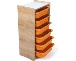 Industrial Living kinderkast met 6 oranje opberglades - Kast Kinderkamer - Speelgoedkast - Opbergkast - Boekenkast - Hout - Walnoot