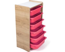 Industrial Living kinderkast met 6 roze opberglades - Speelgoedkast - Opbergkast - Boekenkast - Kast kinderkamer - Hout - Walnoot