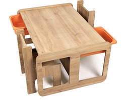Industrial living kindertafel met 2 oranje opberglades - Kinderbureau - Speeltafel met 2 kinderstoelen - Activiteitentafel - Tekentafel - Hout - Walnoot