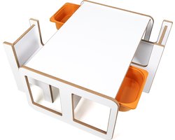 Industrial living kindertafel met 2 oranje opberglades - Speeltafel met 2 kinderstoelen - Activiteitentafel - Speeltafel - Activiteitentafel - Hout - Wit
