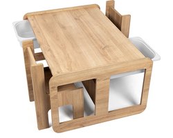 Industrial living kindertafel met 2 witte opberglades - Kinderbureau met 2 stoeltjes - Speeltafel - Activiteitentafel - Tekentafel - Hout - Walnoot