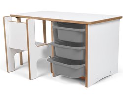 Industrial living kindertafel met 3 grijze opberglades - Kinderbureau - Speeltafel met kinderstoel - Activiteitentafel - Tekentafel - Hout - Wit