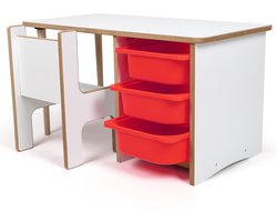 Industrial Living kindertafel met 3 rode lades - Kinderbureau met kinderstoel - Tekentafel - Activiteitentafel - Speeltafel - Hout - Wit
