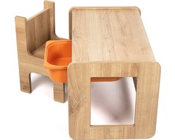 Industrial Living kindertafel met oranje lade - Speeltafel - Activiteitentafel - Tekentafel - Kinderbureau met stoel - Walnoot