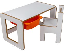 Industrial living kindertafel met oranje opberglade - Kinderbureau - Tekentafel met kinderstoel - Speeltafel -Activiteitentafel - Hout - Wit