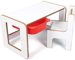 Industrial Living kindertafel met rode lade - Speeltafel - Tekentafel - Activiteitentafel met kinderstoel - Kinderbureau - Hout - Wit
