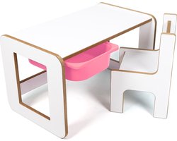 Industrial Living Kindertafel met roze lade - Activiteitentafel met kinderstoel - Speeltafel - Tekentafel - Kinderbureau - Hout - Wit