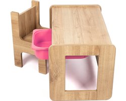 Industrial Living kindertafel met roze lade - Speeltafel - Tekentafel - Kinderbureau met kinderstoel - Activiteitentafel - Walnoot - Hout