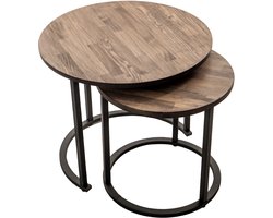 Industrial Living Salontafel – Ronde Salon Tafel Set van 2 – Walnoot/Zwart
