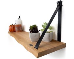 Industrial Living Wandplank 80x18 cm - Massief Beukenhout met Leer - Zwevende Boekenplank met Lederen Lussen - Zwevend Industrieel Muurplank van Beuken Hout - Rustiek Plank voor Muur met Leren Riemen