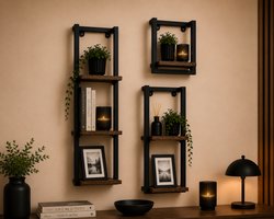 Industrial Living Wandrek Set van 3 – Industrieel Wandrek Metaal & Hout – Wandplanken Set – Zwart – 30x30 cm, 65x25 cm en 95x25 cm