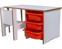 Industrial livinig kindertafel met 3 oranje lades - Kinderbureau met stoel - Activiteiten tafel - Speeltafel - Tekentafel - Hout - Wit