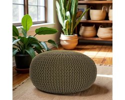 Industrialhome Luxe Gebreide Poef Rond 70x70x35 cm – Voetenbank & Bijzettafel – Handgemaakt – 100% Katoen – Army Green – Groot Formaat – Industrieel & Vintage Interieur – Decoratief & Functioneel