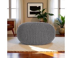 Industrialhome Luxe Gebreide Poef Rond Ø70x35 cm – Donkergrijs – Grote Handgemaakte Voetenbank & Bijzettafel – 100% Katoen – Industrieel & Modern Interieur – Decoratief & Functioneel Meubel