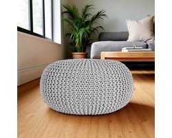 Industrialhome Luxe Gebreide Poef Rond Ø70x35 cm – Lichtgrijs – Grote Handgemaakte Voetenbank & Bijzettafel – 100% Katoen – Landelijke & Moderne Woonstijl – Sfeervol & Decoratief Meubel