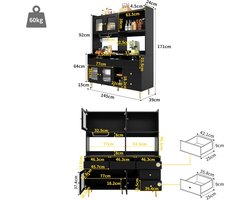 Industrialhome Luxe Keukenkast en Buffetkast – 145 x 39 x 171 cm – Hoogwaardige MDF Buffetkast met Werkblad, Verstelbare Planken, Vitrine met Wijnglazenrek, Multifunctionele Opbergkast voor Keuken, Woonkamer & Eetkamer – Zwart