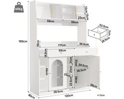IndustrialHome Luxe Keukenkast met LED Verlichting – Hoge Buffetkast & Vitrinekast met 2 Laden, Verstelbare Planken, Appbediening, Moderne Opbergkast voor Keuken, Eetkamer & Woonkamer – Wit 120x40x180 cm